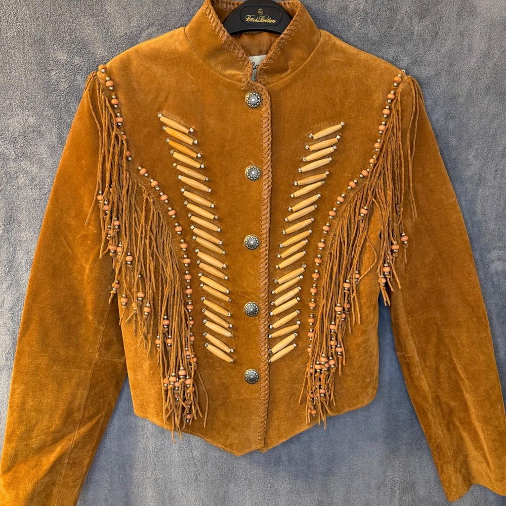 Scully Western Suede Bone & Fringe Jacket Tan Beaded Concho Boho Womens Medium